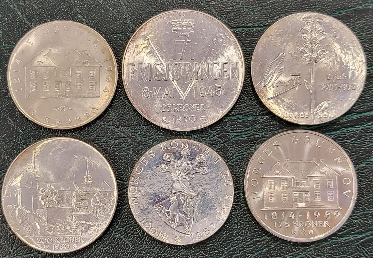 6 x norske minnemynter 1964-1989, 132,78 g sølv
