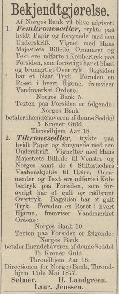Hovedbilde 5 kroner 1877, fargefrisk, nydelig kvalitet, god 1+