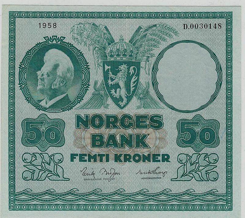50 kroner 1958 D, kv. g 1+/01