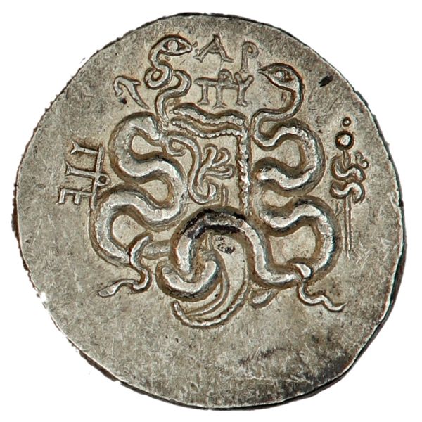 Hovedbilde Pergamon, cistophor, slangekurv. 166-67 f.Kr.