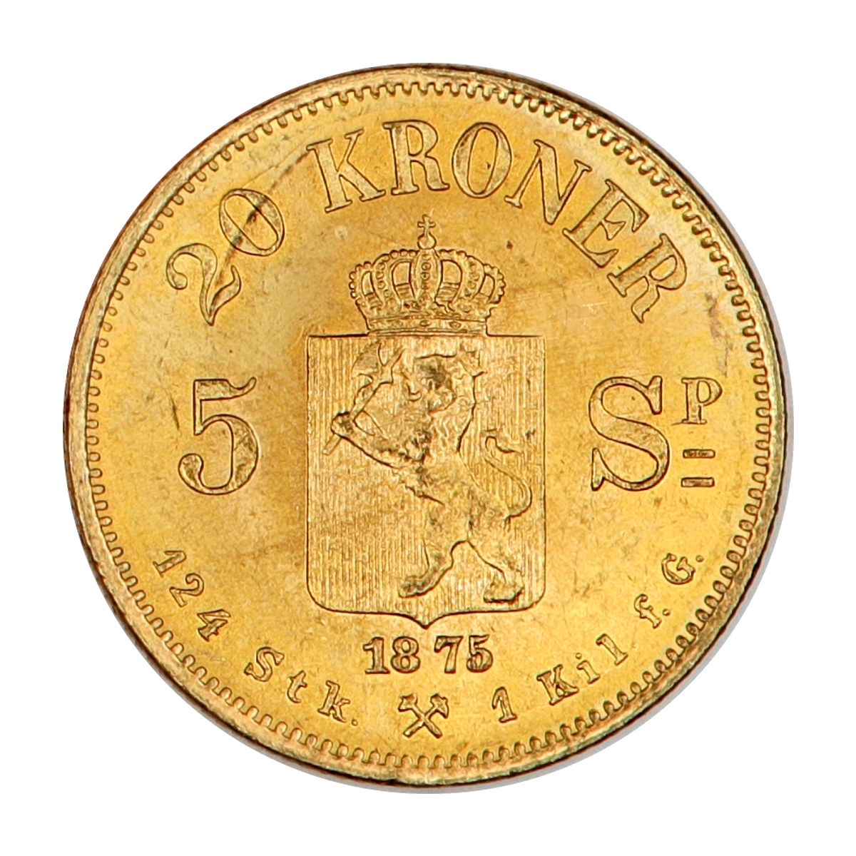Norge, 20 kroner 1875, 8,06 g rent gull