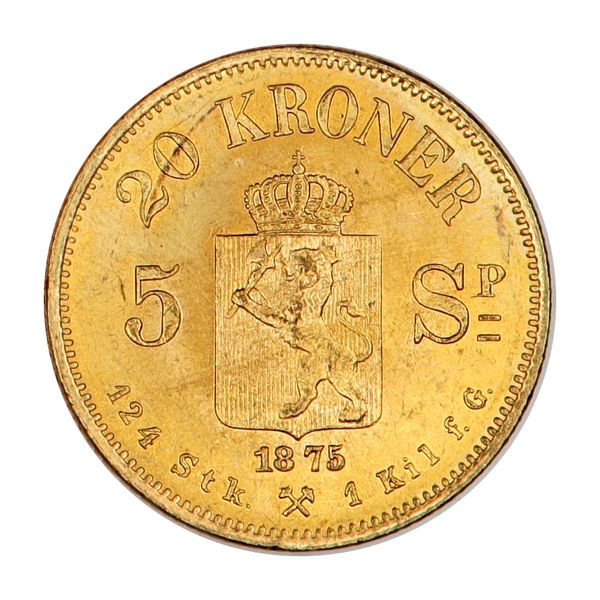 Hovedbilde Norge, 20 kroner 1875, 8,06 g rent gull