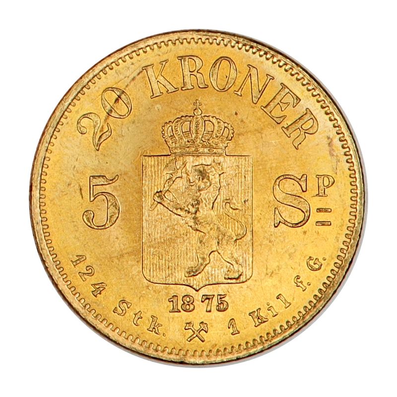 Norge, 20 kroner 1875, 8,06 g rent gull