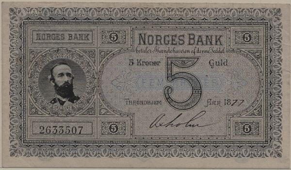 Hovedbilde 5 kroner 1877, fargefrisk, nydelig kvalitet, god 1+